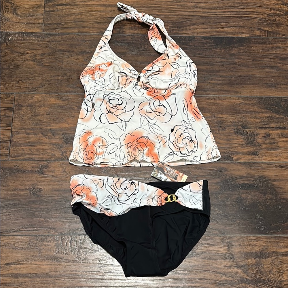 Merona Floral Tankini Set - White and Orange with Black Bottoms s / m